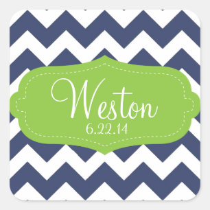 Navy blue chevron and green. Monogram Square Sticker