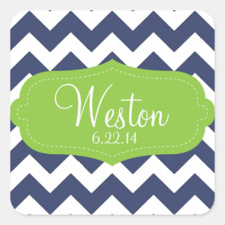 Navy blue chevron and green. Monogram Square Sticker