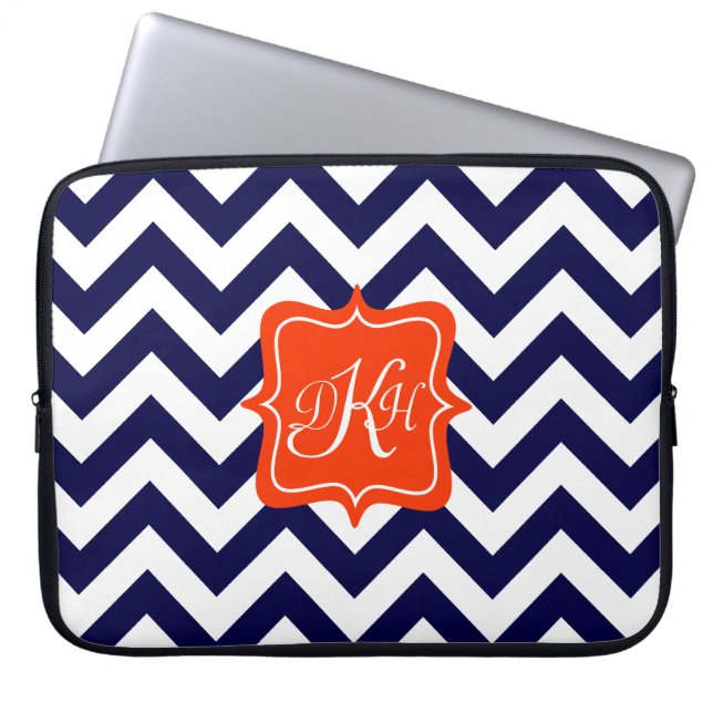 Navy Blue Chevron Monogram Laptop Sleeve (Front)