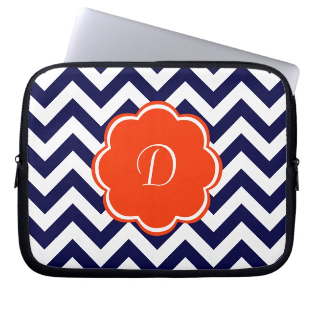 Navy Blue Chevron Monogram Laptop Sleeve (Front)