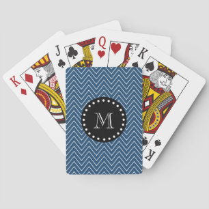 Navy Blue Chevron Pattern Black Monogram Playing Cards
