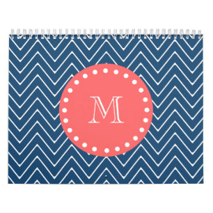 Navy Blue Chevron Pattern   Coral Monogram Calendar