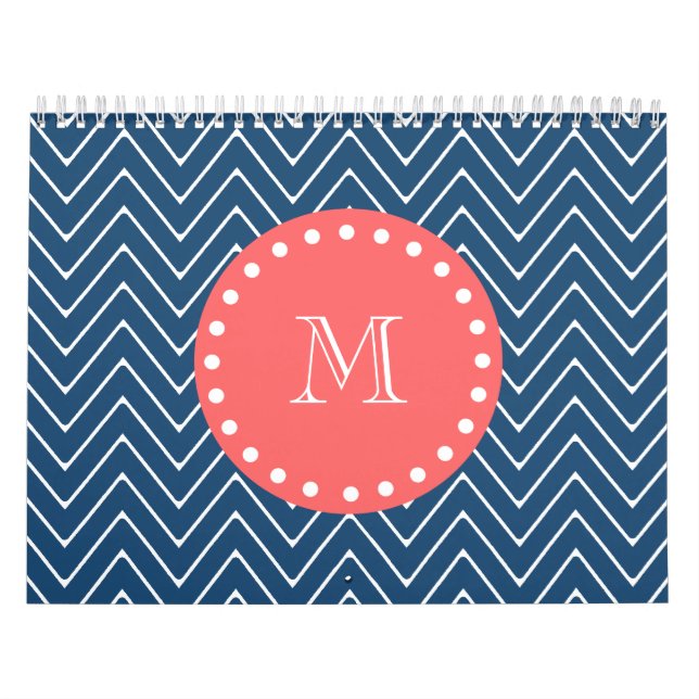 Navy Blue Chevron Pattern | Coral Monogram Calendar (Cover)