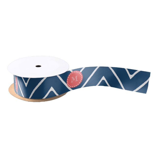 Navy Blue Chevron Pattern | Coral Monogram Satin Ribbon (Spool)