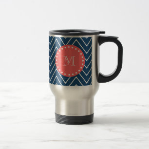 Navy Blue Chevron Pattern   Coral Monogram Travel Mug