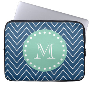 Navy Blue Chevron Pattern Mint Green Monogram Laptop Sleeve