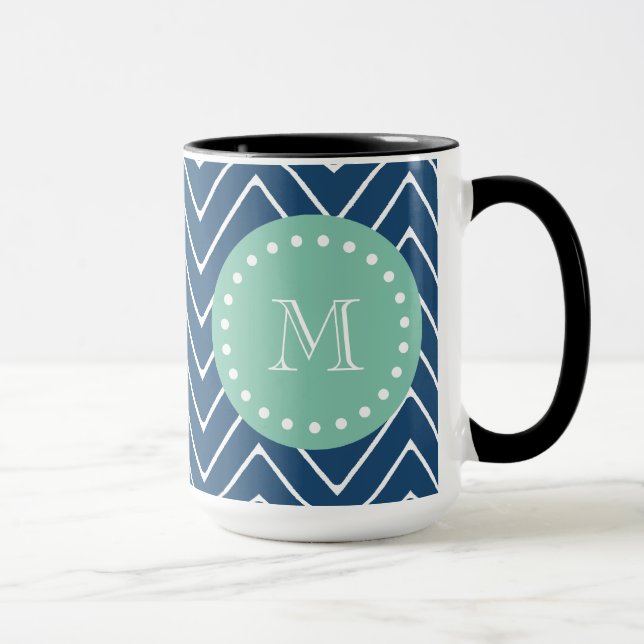 Navy Blue Chevron Pattern | Mint Green Monogram Mug (Right)
