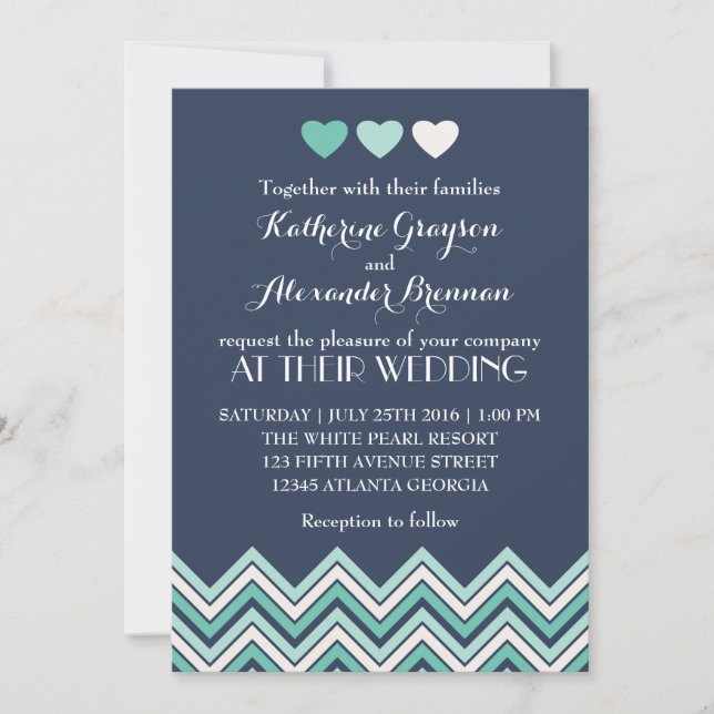 Navy Blue Chevron Pattern Wedding Invitation (Front)