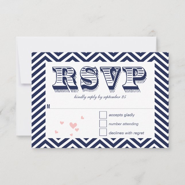 Navy Blue Chevron Retro Typography Wedding RSVP (Front)