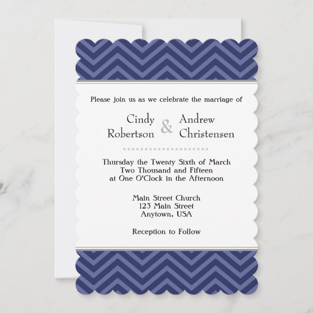 Navy Blue Chevron Wedding Invitations (Front)