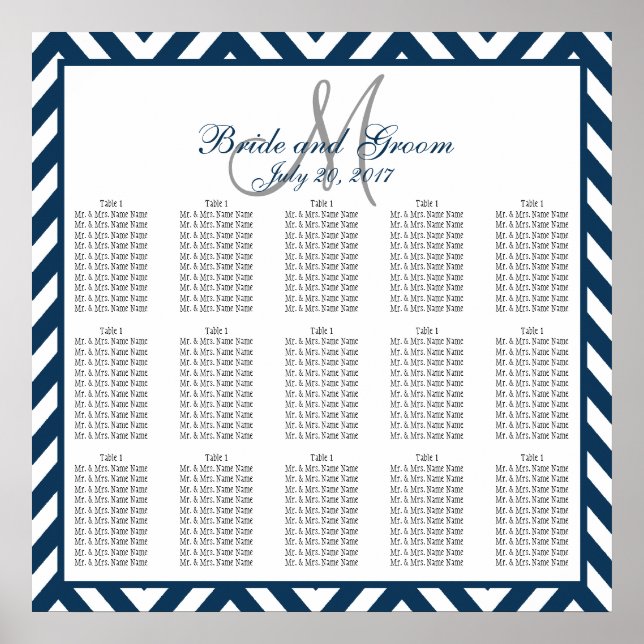 Navy Blue Chevron Wedding Seating Chart 150 (Front)