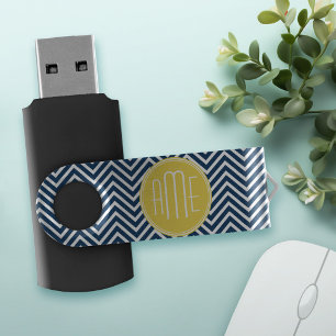 Navy Blue Chevrons with Custom Yellow Monogram USB Flash Drive