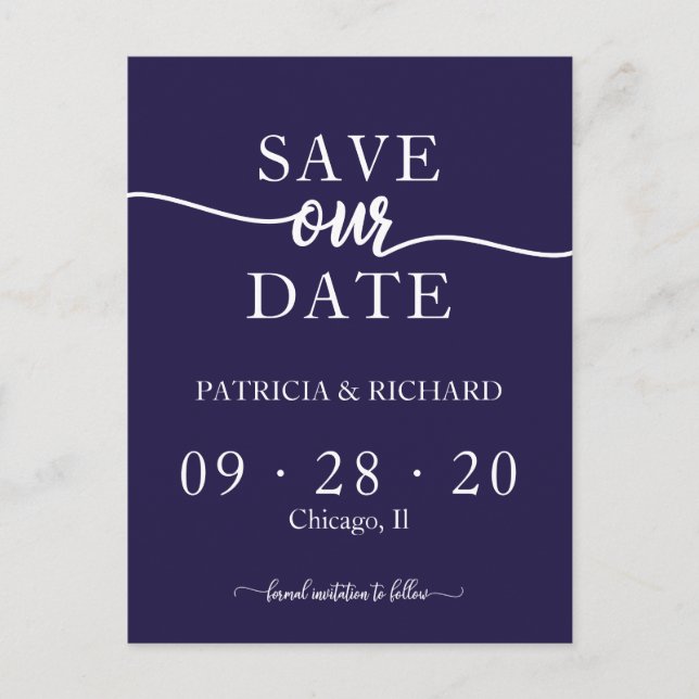 Navy Blue Chic Calligraphy Wedding Save The Date Postcard (Front)