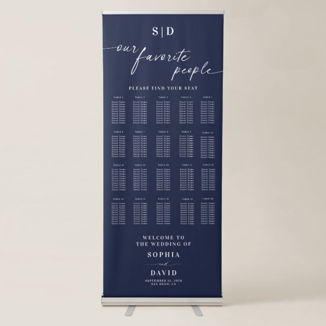 Navy blue Chic Calligraphy Wedding Seating Chart Retractable Banner (Front)