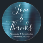 Navy Blue Chic Metallic Love & Thanks Classic Round Sticker<br><div class="desc">Navy Blue and White Typography Script Faux Faux Metal Metallic Elegant Love and Thanks - Thank You Favour Sticker that can be used as an Envelope Seal. This sticker can be customised to include your name and wedding date. This sticker is part of a matching wedding collection and additional matching...</div>