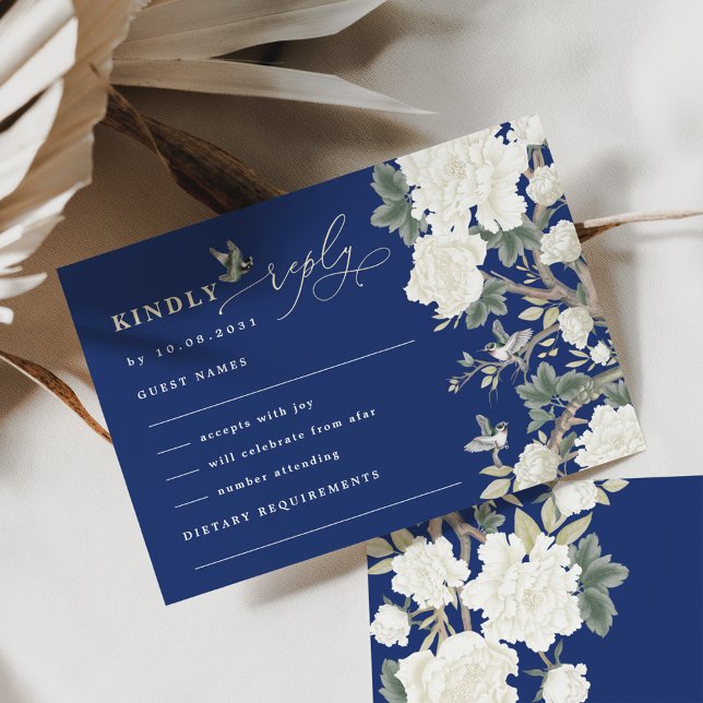 Navy Blue Chinoiserie Bird Peony Wedding RSVP Card (Creator Uploaded)