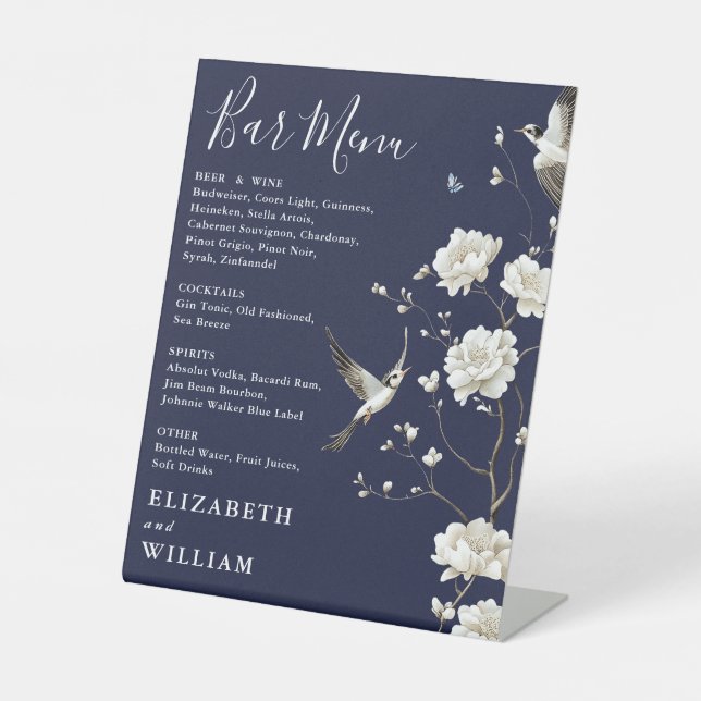 Navy Blue Chinoiserie Floral Bar Menu Wedding Pedestal Sign (Front)
