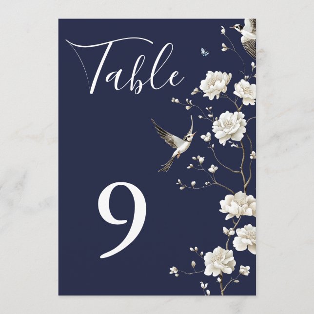 Navy Blue Chinoiserie Floral Garden Table Numbers (Front)