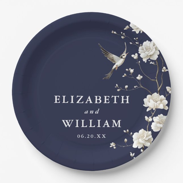 Navy Blue Chinoiserie Floral Garden Wedding Paper Plate (Front)