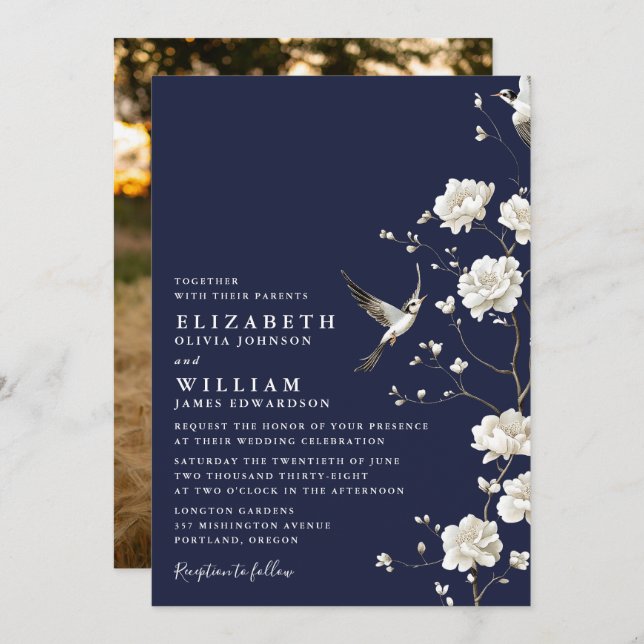 Navy Blue Chinoiserie Floral Garden Wedding Photo Invitation (Front/Back)