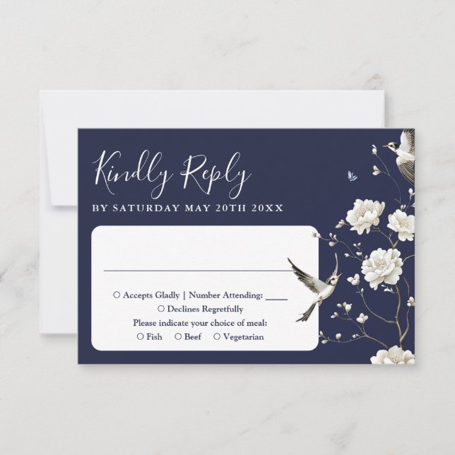 Navy Blue Chinoiserie Floral Garden Wedding  RSVP Card (Front)