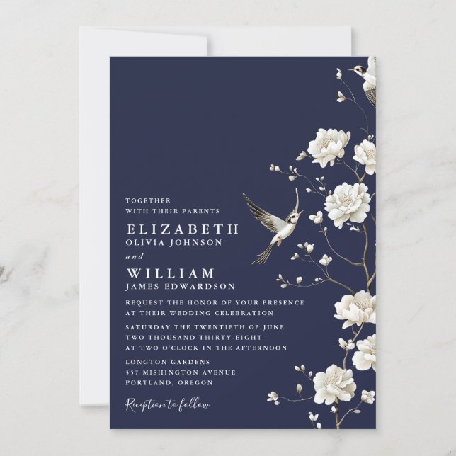 Navy Blue Chinoiserie Floral QR Code Wedding Invitation (Front)