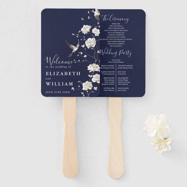 Navy Blue Chinoiserie Floral Wedding Program Hand Fan (Front and Back)