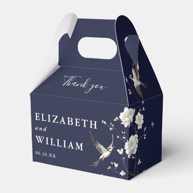 Navy Blue Chinoiserie Floral Wedding Thank You Favour Box (Front Side)