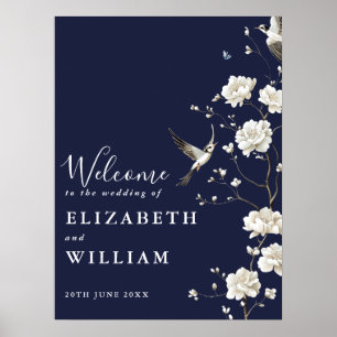 Navy Blue Chinoiserie Floral Wedding Welcome Sign