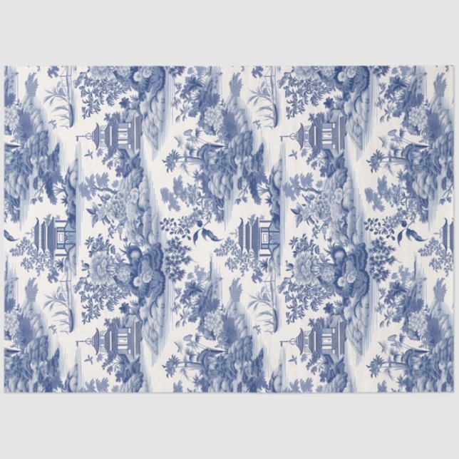 Navy blue Chinoiserie flowers building castle Tissue Paper (Front)