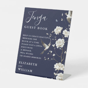 Navy Blue Chinoiserie Jenga Guest Book Wedding Pedestal Sign