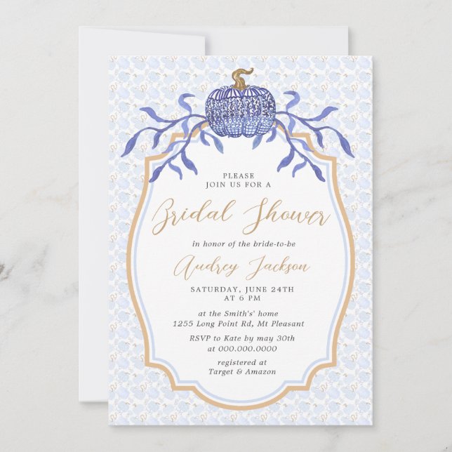 Navy Blue Chinoiserie Pumpkin Fall Bridal Shower Invitation (Front)
