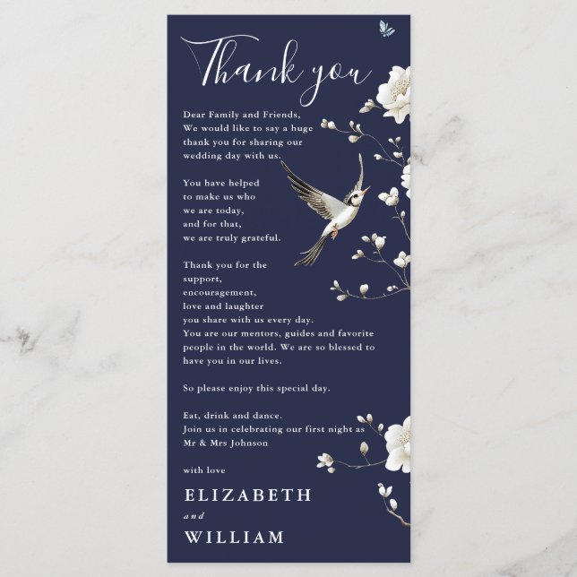 Navy Blue Chinoiserie Wedding Thank You Card (Front)