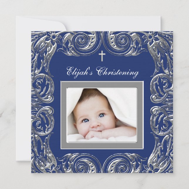 Navy Blue Christening Invitation (Front)