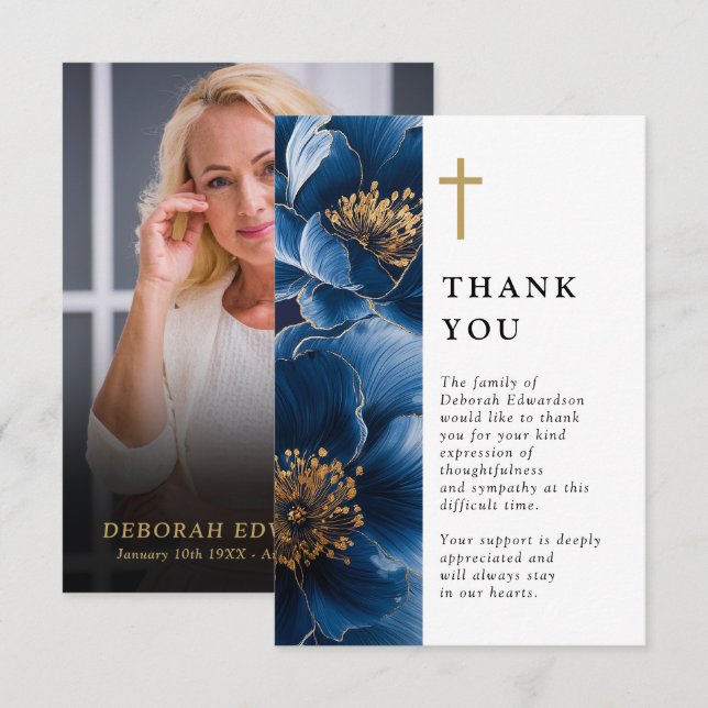 Navy Blue Christian Celebration Of Life Photo Thank You Card (Front/Back)