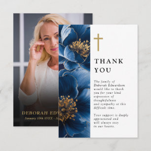 Navy Blue Christian Celebration Of Life Photo Thank You Card