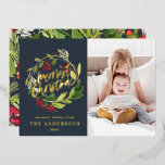 Navy blue Christmas botanical elegant modern photo Foil Holiday Card<br><div class="desc">Merriest christmas watercolor floral photo navy blue,  red and green botanical elegant modern minimal typography Holiday foil card. Part of a collection.</div>