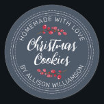 Navy Blue Christmas Cookie Classic Round Sticker<br><div class="desc">The navy blue Christmas cookie label features a deep navy backdrop, soft white lettering, and charming watercolor cranberry berries for a warm homemade touch. Perfect for labeling Christmas cookies, holiday treats, and baked-with-love gifts, this friendly and festive design brings a calm, handcrafted feel to your seasonal packaging. Ideal for homemade...</div>