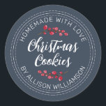 Navy Blue Christmas Cookie Classic Round Sticker<br><div class="desc">The navy blue Christmas cookie label features a deep navy backdrop, soft white lettering, and charming watercolor cranberry berries for a warm homemade touch. Perfect for labeling Christmas cookies, holiday treats, and baked-with-love gifts, this friendly and festive design brings a calm, handcrafted feel to your seasonal packaging. Ideal for homemade...</div>