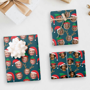 Navy Blue Christmas Crew Three Photo Custom Wrapping Paper Sheet