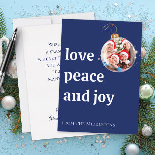 Navy Blue Christmas Family Photo Love Peace Joy  Holiday Card
