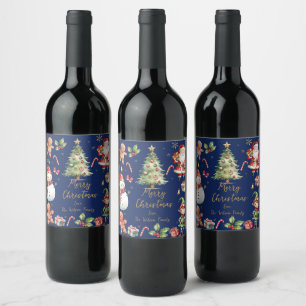 Navy Blue Christmas Santa Elf Snowman Gingerbread  Wine Label
