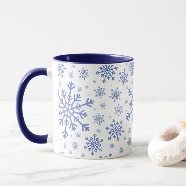 Navy Blue Christmas Snowflakes on Winter White Mug (With Donut)