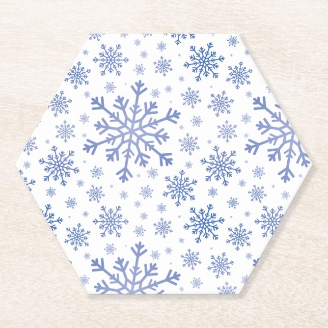 Navy Blue Christmas Snowflakes on Winter White Paper Coaster (Front)