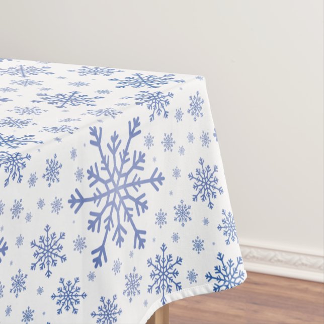 Navy Blue Christmas Snowflakes on Winter White Tablecloth (In Situ)