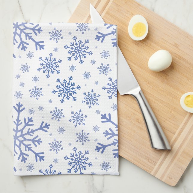 Navy Blue Christmas Snowflakes on Winter White Tea Towel (Quarter Fold)