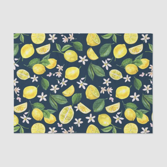 Navy Blue Citrus Lemon Floral  Tissue Paper (Front)