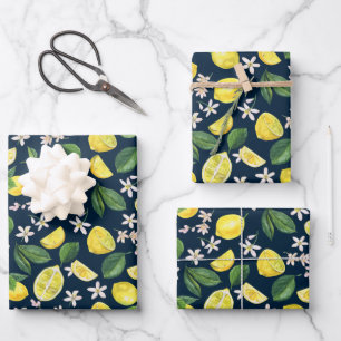 Navy Blue Citrus Lemon Floral Wrapping Paper Sheet