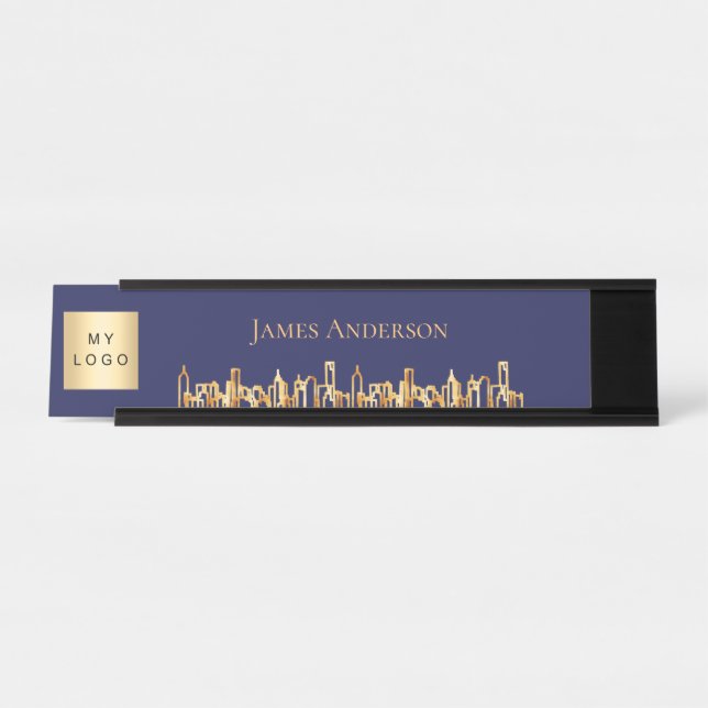 Navy blue city skyline business logo real estate desk name plate (Front)