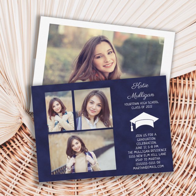 Navy Blue Class of 2022 4 Photo Graduation Party Invitation (Creator Uploaded)